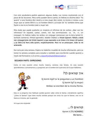 Con este vocabulario podrán aparecen algunas dudas. Las iremos resolviendo con el
pasar de las lecciones. Pero como pueden darse cuenta, en hebreo es distinto decir “Yo
quiero” si eres hombre (Ani rotzé) o si eres mujer (Ani rotzá). Lo mismo si invitas a una
mujer que se siente (Shvi!) o a un hombre (Shev!) y al tratar de ‘tú’ también tienes que
fijarte si ese tú es hombre (atá) o mujer (at).
Otra duda que puede asaltarles es respecto al infinitivo de los verbos. ¿Qué son los
infinitivos? En español, cantar, comer, reír (las terminaciones –ar, -er, -ir, sin
conjugar). En hebreo todos los verbos sin conjugar comienzan con la letra lamed (l):
lashevet (sentarse), lilmod (aprender), ledaber (hablar) o lirtzot (querer). Rotzé y rotzá
son conjugaciones de lirtzot (querer) y que equivalen a yo (masc.)/tú (masc.)/él quiere
y yo (fem.)/tú fem.)/ella quiere, respectivamente. Pero no se preocupen, todo se irá
aclarando.
Eso sería por esta semana. Espero no haberlos invadido de mucha información, pero ya
tienen la semana completa para estudiar y también para escribirme cuando quieren a
través del formulario o al correo c.reyes@institutochilenoisraeli.cl.
SEGUNDA PARTE: EXPRESIONES
Como en esta ocasión vimos mucha materia, seremos más breves. En esta ocasión
aprenderemos a presentarnos y a preguntar por el nombre de la persona con la que hablamos.
?‫איךּקוראיםּלך‬
Ej korim lejá? (si le preguntan a un hombre)
Ej korim laj? (a mujer)
Ambas se escriben de la misma forma.
Esta es la pregunta más habitual cuando quieren saber cómo te llamas. Literalmente significa
‘¿cómo te llaman?’ (que tiene mucho sentido porque son otros los que te llaman, uno no se
llama a sí mismo, por lo general).
A lo que uno responde:
...‫קוראיםּלי‬
Korim li [TU NOMBRE]
Me llamo….
 