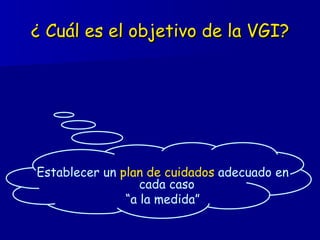 ¿ Cuál es el objetivo de la VGI? Establecer un  plan de cuidados  adecuado en cada caso  “ a la medida” 