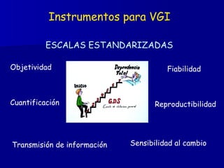 Instrumentos para VGI ESCALAS ESTANDARIZADAS Objetividad Cuantificación Validez Reproductibilidad Fiabilidad Sensibilidad al cambio Transmisión de información 