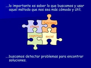 … .lo importante es saber lo que buscamos y usar aquel método que nos sea más cómodo y útil. … .buscamos detectar problemas para encontrar soluciones. clínico funcional cognitivo social 