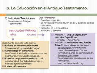 3)Métodos/Tradiciones. Usados en el Antiguo Testamento 
Dios – Maestro: 
˜Enseña contenido 
˜Se revela así mismo: Quién es Él y quiénes somos nosotros. 
˜Relación: Él <~>Nosotros 
˜Adorarlo y Servirle 
Método 1 .- Uso De Objetivos Y Métodos Específicos: ~ Directo, ~ Autoritario. 
Método 2.- Método De Vinculación Total. El aprendizaje se daba por: 
˜Socialización. Identidad de naturaleza religiosa. Todos formaban parta de la instrucción. 
˜Enseñar y Proveer: 
•Recordatorios constantes de su fe religiosa. 
•Instrucción sobre la Ley. 
Importante como la vida misma. 
Énfasis en la instrucción moral [conversación y papel del hogar] 
Aprendizaje en la mañana: leer/escribir en hebreo, memorizar las escrituras. Instrucción religiosa. 
Enseñar un poco/cada día, en cada oportunidad. Cantidad depende -> habilidad para aprender. 
Instrucción era oral. 
5  