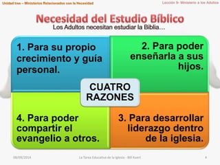 1. Para su propio 
crecimiento y guía 
personal. 
2. Para poder 
enseñarla a sus 
hijos. 
4. Para poder 
compartir el 
evangelio a otros. 
3. Para desarrollar 
liderazgo dentro 
de la iglesia. 
CUATRO 
RAZONES 
08/09/2014 La Tarea Educativa de la Iglesia - Bill Kuert 4 
 
