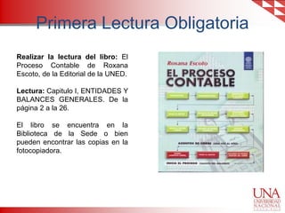 Primera Lectura Obligatoria
Realizar la lectura del libro: El
Proceso Contable de Roxana
Escoto, de la Editorial de la UNED.
Lectura: Capitulo I, ENTIDADES Y
BALANCES GENERALES. De la
página 2 a la 26.
El libro se encuentra en la
Biblioteca de la Sede o bien
pueden encontrar las copias en la
fotocopiadora.

 