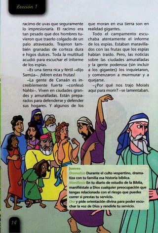 £exicián, 1
racimo de uvas que seguramente
lo impresionaría. El racimo era
tan pesado que dos hombres tu­
vieron que traerlo colgado de un
palo atravesado. Trajeron tam­
bién granadas de corteza dura
e higos dulces. Toda la multitud
acudió para escuchar el informe
de los espías.
-Es una tierra rica y fértil -dijo
Samúa-. ¡Miren estas frutas!
-La gente de Canaán es in­
creíblemente fuerte -confesó
Nahbi-. Viven en ciudades gran­
des y amuralladas. Están prepa­
rados para defenderse y defender
sus hogares. Y algunos de los
que moran en esa tierra son en
realidad gigantes.
Todo el campamento escu­
chaba atentamente el informe
de los espías. Estaban maravilla­
dos con las frutas que los espías
habían traído. Pero, las noticias
sobre las ciudades amuralladas
y la gente poderosa (sin incluir
a los gigantes) los inquietaron,
y comenzaron a murmurar y a
quejarse.
-¿Por qué nos trajo Moisés
aquí para morir? -se lamentaban.
Durante el culto vespertino, drama­
tiza con tu familia esa historia bíblica.
En tu diario de estudio de la Biblia,
manifiéstale a Dios cualquier preocupación que
tengas relacionada con el riesgo que puedas
correr si prestas tu servicio.
y pide orientación divina para poder escu­
char la voz de Dios y rendirle tu servicio.
U !
 