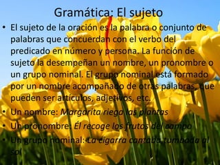 Gramática: El sujeto
• El sujeto de la oración es la palabra o conjunto de
palabras que concuerdan con el verbo del
predicado en número y persona. La función de
sujeto la desempeñan un nombre, un pronombre o
un grupo nominal. El grupo nominal está formado
por un nombre acompañado de otras palabras, que
pueden ser artículos, adjetivos, etc.
• Un nombre: Margarita riega las plantas
• Un pronombre: Él recoge los frutos del campo
• Un grupo nominal: La cigarra cantaba tumbada al
sol
 