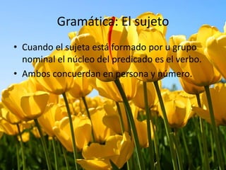 Gramática: El sujeto
• Cuando el sujeta está formado por u grupo
nominal el núcleo del predicado es el verbo.
• Ambos concuerdan en persona y número.
 