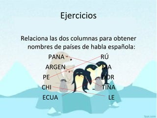 Ejercicios
Relaciona las dos columnas para obtener
nombres de países de habla española:
PANA RÚ
ARGEN MA
PE DOR
CHI TINA
ECUA LE
 