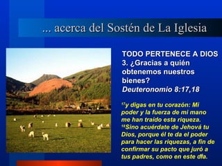 ... acerca del Sostén de La Iglesia

                TODO PERTENECE A DIOS
                3. ¿Gracias a quién
                obtenemos nuestros
                bienes?
                Deuteronomio 8:17,18
                17
                   y digas en tu corazón: Mi
                poder y la fuerza de mi mano
                me han traído esta riqueza.
                18
                   Sino acuérdate de Jehová tu
                Dios, porque él te da el poder
                para hacer las riquezas, a fin de
                confirmar su pacto que juró a
                tus padres, como en este día.6
 