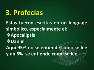 15%  son parábolas.5. Cartas o Epístolas Romanoshasta JudasDe su mensaje  90%  no se entiende como se lee