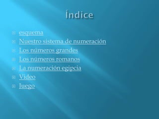  esquema
Nuestro sistema de numeración
Los números grandes
Los números romanos
La numeración egipcia
Video
Juego
