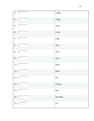 16
3) Camilla
4) Paisaje
5) Áureo
6) Caoba
7) Chiita
8) Piojo
9) Tierra
10) Saeta
11) Línea
12) Héroe
13) Púa
14) Zoólogo
15) Real
16) Transeúnte
17) Feo
 