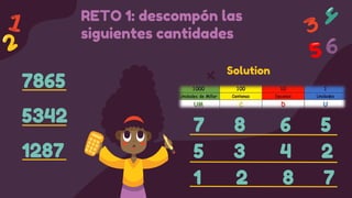 7865
5342
1287
Solution
RETO 1: descompón las
siguientes cantidades
7 8 6 5
5 3 4 2
1 2 8 7
 