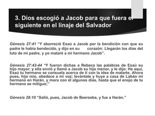 Génesis 27:41 “Y aborreció Esaú a Jacob por la bendición con que su
padre le había bendecido, y dijo en su corazón: Llegarán los días del
luto de mi padre, y yo mataré a mi hermano Jacob”.
3. Dios escogió a Jacob para que fuera el
siguiente en el linaje del Salvador
Génesis 27:42-44 “Y fueron dichas a Rebeca las palabras de Esaú su
hijo mayor; y ella envió y llamó a Jacob su hijo menor, y le dijo: He aquí,
Esaú tu hermano se consuela acerca de ti con la idea de matarte. Ahora
pues, hijo mío, obedece a mi voz; levántate y huye a casa de Labán mi
hermano en Harán, y mora con él algunos días, hasta que el enojo de tu
hermano se mitigue;”
Génesis 28:10 “Salió, pues, Jacob de Beerseba, y fue a Harán.”
 