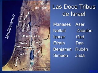 12 Tribus
                       de Israel               Las Doce Tribus  Twelve Tribes of Israel




                                                  de Israel
                                               Manasés    Aser
              Jordán
                                               Neftalí     Zabulón
      Manasés
                                               Isacar     Gad
              Río




                       Gad
  Efraín                                       Efraín     Dan
Dan   Benjamín
             Jericho Mt.Nebo
      Jerusalem                                Benjamín   Rubén
                                               Simeón     Judá

                        ©www.proyectosh..com
                        NASA PHOTO
                                                                INDICE
 