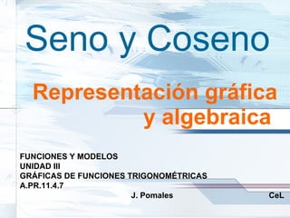 Representación gráfica y algebraica   FUNCIONES Y MODELOS UNIDAD III GRÁFICAS DE FUNCIONES TRIGONOMÉTRICAS A.PR.11.4.7   J. Pomales  CeL Seno y Coseno 