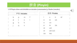 拼音 (Pinyin)
1. El Pinyin chino está dividido en iniciales (consonantes) y finales (vocales).
 