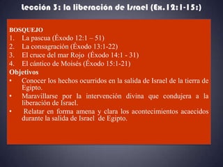 Lección 3: la liberación de Israel (Ex.12:1-15:)

BOSQUEJO
1. La pascua (Éxodo 12:1 – 51)
2. La consagración (Éxodo 13:1-22)
3. El cruce del mar Rojo (Éxodo 14:1 - 31)
4. El cántico de Moisés (Éxodo 15:1-21)
Objetivos
• Conocer los hechos ocurridos en la salida de Israel de la tierra de
   Egipto.
• Maravillarse por la intervención divina que condujera a la
   liberación de Israel.
•   Relatar en forma amena y clara los acontecimientos acaecidos
   durante la salida de Israel de Egipto.
 
