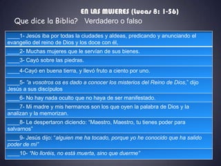 EN LAS MUJERES (Lucas 8: 1-56)
  Que dice la Biblia? Verdadero o falso
____1- Jesús iba por todas la ciudades y aldeas, predicando y anunciando el
evangelio del reino de Dios y los doce con él,
____2- Muchas mujeres que le servían de sus bienes.
____3- Cayó sobre las piedras.
____4-Cayó en buena tierra, y llevó fruto a ciento por uno.

____5- ”a vosotros os es dado a conocer los misterios del Reino de Dios,” dijo
Jesús a sus discípulos
____6- No hay nada oculto que no haya de ser manifestado.
____7- Mi madre y mis hermanos son los que oyen la palabra de Dios y la
analizan y la memorizan.
____8- Le despertaron diciendo: “Maestro, Maestro, tu tienes poder para
salvarnos”
____9- Jesús dijo: “alguien me ha tocado, porque yo he conocido que ha salido
poder de mí”
____10- “No lloréis, no está muerta, sino que duerme”
 