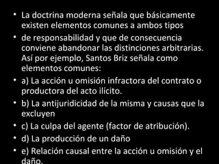 • La doctrina moderna señala que básicamente
  existen elementos comunes a ambos tipos
• de responsabilidad y que de consecuencia
  conviene abandonar las distinciones arbitrarias.
  Así por ejemplo, Santos Briz señala como
  elementos comunes:
• a) La acción u omisión infractora del contrato o
  productora del acto ilícito.
• b) La antijuridicidad de la misma y causas que la
  excluyen
• c) La culpa del agente (factor de atribución).
• d) La producción de un daño
• e) Relación causal entre la acción u omisión y el
 