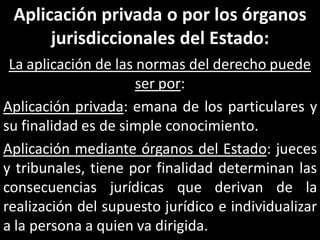 Aplicación privada o por los órganos
      jurisdiccionales del Estado:
 La aplicación de las normas del derecho puede
                      ser por:
Aplicación privada: emana de los particulares y
su finalidad es de simple conocimiento.
Aplicación mediante órganos del Estado: jueces
y tribunales, tiene por finalidad determinan las
consecuencias jurídicas que derivan de la
realización del supuesto jurídico e individualizar
a la persona a quien va dirigida.
 