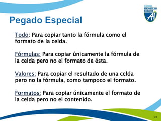 23Pegado EspecialTodo: Para copiar tanto la fórmula como el formato de la celda.Fórmulas: Para copiar únicamente la fórmula de la celda pero no el formato de ésta.Valores: Para copiar el resultado de una celda pero no la fórmula, como tampoco el formato.Formatos: Para copiar únicamente el formato de la celda pero no el contenido.