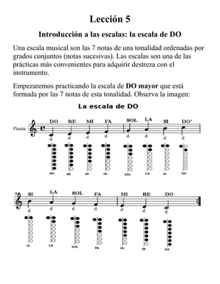 Lección 5<br />Introducción a las escalas: la escala de DO<br />Una escala musical son las 7 notas de una tonalidad ordenadas por grados conjuntos (notas sucesivas). Las escalas son una de las prácticas más convenientes para adquirir destreza con el instrumento.<br />Empezaremos practicando la escala de DO mayor que está formada por las 7 notas de esta tonalidad. Observa la imagen: <br />