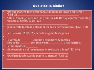 Qué dice la Biblia?
• ¿De qué manera Dios acompañó el regreso de Jacob a su tierra?
  (32:1-2) __________________________________________________________
• Ante el temor, ¿cuáles son las promesas de Dios que Jacob recuerda y
  reclama al Señor? (32:3-12)
  __________________________________________________________
• ¿Cómo trató Jacob de aplacar la ira de su hermano Esaú? (32:13-21)
  __________________________________________________________
• Lee Génesis 32:22-32 y llena las siguientes lagunas:
•
• El varón de ___________ cambió del nombre de Jacob a ____________
  porque ha __________ con Dios y con _____________ y has vencido.
• Peniel significa:___________
• ¿Qué ocurrió en el reencuentro entre Jacob y Esaú? (33:1-4)
  __________________________________________________________
• ¿Qué hizo Jacob cuando plantó su tienda? (33:5-20)
  __________________________________________________________
 