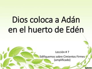 Dios coloca a Adán
en el huerto de Edén
Lección # 7
Edifiquemos sobre Cimientos Firmes
(amplificado)
 