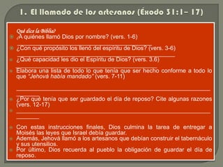 Qué dice la Biblia?
 ¿A quiénes llamó Dios por nombre? (vers. 1-6)
   _________________________________________
 ¿Con qué propósito los llenó del espíritu de Dios? (vers. 3-6)
   ________________________________________________
 ¿Qué capacidad les dio el Espíritu de Dios? (vers. 3.6)
  ___________________________________________
 Elabora una lista de todo lo que tenía que ser hecho conforme a todo lo
  que “Jehová había mandado” (vers. 7-11)
    ___________________________________________________________
    _______
   ¿Por qué tenía que ser guardado el día de reposo? Cite algunas razones
    (vers. 12-17)
   ___________________________________________________________
    _______
   Con estas instrucciones finales, Dios culmina la tarea de entregar a
    Moisés las leyes que Israel debía guardar.
   Además, Jehová llamó a los artesanos que debían construir el tabernáculo
    y sus utensilios.
   Por último, Dios recuerda al pueblo la obligación de guardar el día de
    reposo.
 