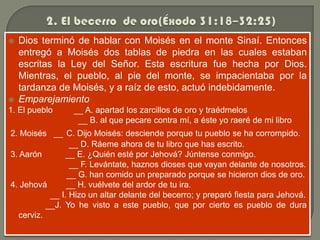    Dios terminó de hablar con Moisés en el monte Sinaí. Entonces
    entregó a Moisés dos tablas de piedra en las cuales estaban
    escritas la Ley del Señor. Esta escritura fue hecha por Dios.
    Mientras, el pueblo, al pie del monte, se impacientaba por la
    tardanza de Moisés, y a raíz de esto, actuó indebidamente.
   Emparejamiento
1. El pueblo     __ A. apartad los zarcillos de oro y traédmelos
                  __ B. al que pecare contra mí, a éste yo raeré de mi libro
2. Moisés __ C. Dijo Moisés: desciende porque tu pueblo se ha corrompido.
                 __ D. Ráeme ahora de tu libro que has escrito.
3. Aarón       __ E. ¿Quién esté por Jehová? Júntense conmigo.
                 __ F. Levántate, haznos dioses que vayan delante de nosotros.
                __ G. han comido un preparado porque se hicieron dios de oro.
4. Jehová       __ H. vuélvete del ardor de tu ira.
           __ I. Hizo un altar delante del becerro; y preparó fiesta para Jehová.
          __J. Yo he visto a este pueblo, que por cierto es pueblo de dura
  cerviz.
 