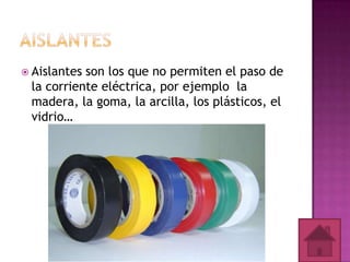  Aislantes

son los que no permiten el paso de
la corriente eléctrica, por ejemplo la
madera, la goma, la arcilla, los plásticos, el
vidrio…

 