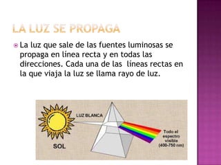  La

luz que sale de las fuentes luminosas se
propaga en línea recta y en todas las
direcciones. Cada una de las líneas rectas en
la que viaja la luz se llama rayo de luz.

 