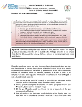 UNIVERSIDAD ESTATAL DE MILAGRO
Sistema Nacional de Nivelación y Admisión
Curso de Nivelación Segundo Semestre 2013
DOCENTE: ING. RENÉ ENRÍQUEZ ÁREA:___

PARALELO:N__

Ejercicio. Mercedes quería pasar siete días en su casa, deseaba visitar a sus amigas
y resolver asuntos pendientes en su ciudad natal. Al llegar encontró a sus amigas
Ana, Corina, Gloria, Juanita, Luisa y Marlene, quienes le habían programado varias
actividades.

Mercedes quería ir a comer con ellas el primer día donde acostumbraban reunirse
cuando salían de la escuela. Después de esta reunión cada amiga tenía un día
disponible para pasarlo con Mercedes, y acompañarla a uno de los siguientes
eventos: un partido de futbol, un concierto, el teatro, el museo, el cine e ir de
compras. Con base en la siguiente información encuentre quién invitó a Margoth y
qué actividad realizó cada día.
1) Ana, la amiga que visitó el museo y la que salió con Mercedes un día
después de ir al cine el lunes, tienen las tres el cabello amarillo.
2) Gloria, quien la acompañó al concierto y la dama que pasó el lunes con
Mercedes, tienen las tres el cabello negro.
3) El día que Mercedes pasó con Corina no fue el siguiente al día que
correspondió a Marlene.
4) Las seis salieron con Mercedes en el siguiente orden: Juanita salió con
Mercedes un día después de que esta fue al cine y cuatro días antes de la
5

 