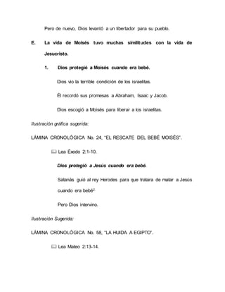 Pero de nuevo, Dios levantó a un libertador para su pueblo.
E. La vida de Moisés tuvo muchas similitudes con la vida de
Jesucristo.
1. Dios protegió a Moisés cuando era bebé.
Dios vio la terrible condición de los israelitas.
Él recordó sus promesas a Abraham, Isaac y Jacob.
Dios escogió a Moisés para liberar a los israelitas.
Ilustración gráfica sugerida:
LÁMINA CRONOLÓGICA No. 24, “EL RESCATE DEL BEBÉ MOISÉS”.
 Lea Éxodo 2:1-10.
Dios protegió a Jesús cuando era bebé.
Satanás guió al rey Herodes para que tratara de matar a Jesús
cuando era bebé2.
Pero Dios intervino.
Ilustración Sugerida:
LÁMINA CRONOLÓGICA No. 58, “LA HUIDA A EGIPTO”.
 Lea Mateo 2:13-14.
 