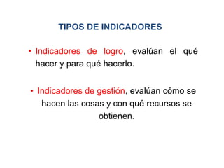 TIPOS DE INDICADORES

• Indicadores de logro, evalúan el qué
  hacer y para qué hacerlo.


• Indicadores de gestión, evalúan cómo se
   hacen las cosas y con qué recursos se
                 obtienen.
 