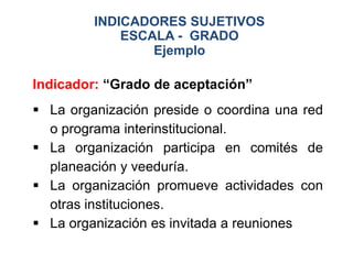 INDICADORES SUJETIVOS
             ESCALA - GRADO
                 Ejemplo

Indicador: “Grado de aceptación”
 La organización preside o coordina una red
  o programa interinstitucional.
 La organización participa en comités de
  planeación y veeduría.
 La organización promueve actividades con
  otras instituciones.
 La organización es invitada a reuniones
 