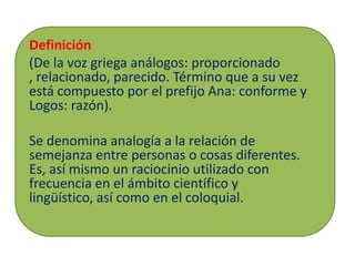 Definición
(De la voz griega análogos: proporcionado
, relacionado, parecido. Término que a su vez
está compuesto por el prefijo Ana: conforme y
Logos: razón).

Se denomina analogía a la relación de
semejanza entre personas o cosas diferentes.
Es, así mismo un raciocinio utilizado con
frecuencia en el ámbito científico y
lingüístico, así como en el coloquial.
 