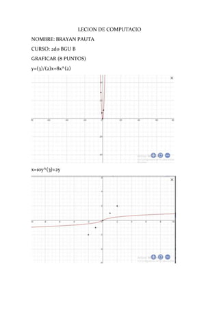 LECION DE COMPUTACIO
NOMBRE: BRAYAN PAUTA
CURSO: 2do BGU B
GRAFICAR (8 PUNTOS)
y=(3)/(2)x+8x^(2)
x=10y^(3)+2y
 