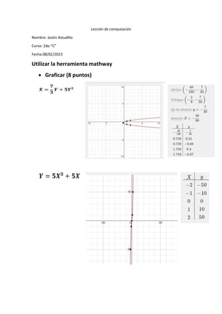 Lección de computación
Nombre: Jostin Astudillo
Curso: 2do “C”
Fecha:08/02/2023
Utilizar la herramienta mathway
 Graficar (8 puntos)
 