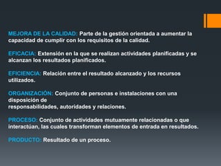 MEJORA DE LA CALIDAD: Parte de la gestión orientada a aumentar la
capacidad de cumplir con los requisitos de la calidad.
EFICACIA: Extensión en la que se realizan actividades planificadas y se
alcanzan los resultados planificados.
EFICIENCIA: Relación entre el resultado alcanzado y los recursos
utilizados.
ORGANIZACIÓN: Conjunto de personas e instalaciones con una
disposición de
responsabilidades, autoridades y relaciones.
PROCESO: Conjunto de actividades mutuamente relacionadas o que
interactúan, las cuales transforman elementos de entrada en resultados.
PRODUCTO: Resultado de un proceso.
 