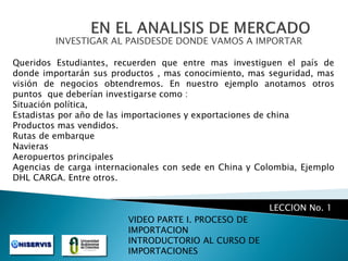 INVESTIGAR AL PAISDESDE DONDE VAMOS A IMPORTAR
Queridos Estudiantes, recuerden que entre mas investiguen el país de
donde importarán sus productos , mas conocimiento, mas seguridad, mas
visión de negocios obtendremos. En nuestro ejemplo anotamos otros
puntos que deberían investigarse como :
Situación política,
Estadistas por año de las importaciones y exportaciones de china
Productos mas vendidos.
Rutas de embarque
Navieras
Aeropuertos principales
Agencias de carga internacionales con sede en China y Colombia, Ejemplo
DHL CARGA. Entre otros.

LECCION No. 1
VIDEO PARTE I. PROCESO DE
IMPORTACION
INTRODUCTORIO AL CURSO DE
IMPORTACIONES

 