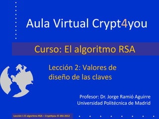 Aula Virtual Crypt4you
                  Curso: El algoritmo RSA
                              Lección 2: Valores de
                              diseño de las claves

                                                     Profesor: Dr. Jorge Ramió Aguirre
                                                    Universidad Politécnica de Madrid

Lección 1 El algoritmo RSA – Crypt4you © JRA 2012
 
