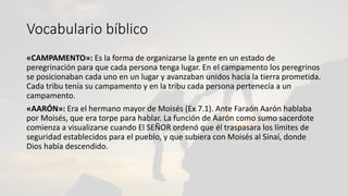 Vocabulario bíblico
«CAMPAMENTO»: Es la forma de organizarse la gente en un estado de
peregrinación para que cada persona tenga lugar. En el campamento los peregrinos
se posicionaban cada uno en un lugar y avanzaban unidos hacia la tierra prometida.
Cada tribu tenía su campamento y en la tribu cada persona pertenecía a un
campamento.
«AARÓN»: Era el hermano mayor de Moisés (Ex 7.1). Ante Faraón Aarón hablaba
por Moisés, que era torpe para hablar. La función de Aarón como sumo sacerdote
comienza a visualizarse cuando El SEÑOR ordenó que él traspasara los límites de
seguridad establecidos para el pueblo, y que subiera con Moisés al Sinaí, donde
Dios había descendido.
 