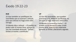 Éxodo 19.22-23
RVR
22 Que también se santifiquen los
sacerdotes que se acercan a Jehová,
para que Jehová no haga entre ellos
estrago.
23 Moisés dijo a Jehová: —El pueblo no
podrá subir al monte Sinaí, porque tú
nos has mandado diciendo: “Señala
límites al monte y santifícalo.”
VP
22 Aun los sacerdotes, que pueden
acercarse a mí, deberán purificarse, no
sea que yo haga destrozos entre ellos.
23 Moisés le contestó al Señor: —El
pueblo no se atreverá a subir a este
monte Sinaí, pues tú nos ordenaste
ponerle un límite y declararlo sagrado.
 