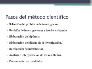 Pasos del método científicoSelección del problema de investigaciónRevisión de investigaciones y teorías existentes.Elaboración de hipótesis.Elaboración del diseño de la investigación.Recolección de información.Análisis e interpretación de los resultados.Presentación de resultados. 