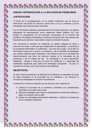 UNIDAD I:INTRODUCCION A LA SOLUCION DE PROBLEMAS
JUSTIFICACION:
A través de la investigaciones, se ha podido comprobar que es poca la
información que tienen los alumnos, acerca de lo q es un problema y de las
estrategias más efectivas para resolverlas.
Con la información obtenida, generalmente se formulan relaciones y se aplican
estrategias de representación (como diagramas, tablas, gráficos, etc.) que
facilitan la comparación de los procesos involucrados en la solución del
problema, los estados intermedios q conducen al estado final y las operaciones
requeridas para alcanzar cada estado y lograra la solución buscada.
Con frecuencia la solución de problemas ha estado rodeada de mitos y
creencias de mitos y creencias que obstaculicen el aprendizaje ; se atribuya a
los problemas dificultades no justificadas , que más bien surgen de la falta de
información acerca de lo que es un problema y de la variedad de estrategias
que pueden utilizarse para resolverlos. Casi siempre esto es el resultado del
desconocimiento que tiene los alumnos, acerca de la naturaleza de los
problemas y de la utilidad del uso de estrategias y la poca ejercitación
deliberada , dirigida a reconocer los tipos de problemas y a desarrollar las
habilidades requeridas para aplicar las estrategias apropiadas . De aquí, la
importancia de este curso sobre solución de problemas.

OBJETITIVOS:
En esta unidad se presenta una definición de problemas, se identifican los tipos
de datos presentes en el enunciado de un problemas y se introduce el
concepto de estrategias en solución de problemas.
A través de la unidad se pretende que los alumnos sean capaces de:
1. Analizar el enunciado de un problema e identificar sus características
esenciales y los datos que se dan.
2. Elaborar estrategias para lograr la representación mental del problema y
llegar a la solución que se pide.
3. Aplicar las estrategias previamente diseñadas y verificar la consistencia
de los resultados obtenidos.

 