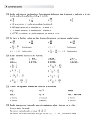 1 Números reales 
Escribe cada número fraccionario en forma decimal. Indica qué tipo de decimal es cada uno y, si exis-ten, 
la parte entera, el anteperíodo y el período. 
a) — 1 
2— 
9 
7 
b) —1 
5 — 
c) — 1 
7— 
6 
d) —5 
— 
7 
a) 1,3v. La parte entera es 1, no hay anteperíodo, y el período es 3. 
b) 0,46v. La parte entera es 0, el anteperíodo es 4 y el período es 6. 
c) 2,83v. La parte entera es 2, el anteperíodo es 8 y el período es 3. 
d) 0,7w14285. La parte entera es 0, no hay anteperíodo y el período es 714285. 
Sin hacer la división, explica qué tipo de expresión decimal corresponde a cada fracción. 
a) — 1 
2 
2 
6— 
1 
b) — 5 
9 
2 — 
2 
c) — 2 
9 
7 — 
2 
d) — 1 
7 
5 
7— 
4 
a)  1 
2 
2 
6 
1 
  2 
1 
2 
Decimal exacto c) 27  33 Periódico puro 
b) 22  2  11 Periódico mixto d)  1 
7 
5 
7 
4 
  5 
1 
9 
5; 15  3  5 Periódico mixto 
Escribe en forma fraccionaria los números. 
a) 3,5 c) 3,55... e) 5,255... g) 1,11... 
b) 0,66... d) 2,1515... f) 0,7575... h) 6,2525... 
3 b)  6 
a)  3 
1 
5 
0  
7 
2 e)  
  
525 
  4 
 
0 
9 
52 
7 
0 
9 
0 
 
9 
2 
3 f)  
  
75 
9 
0 
 
9 
  2 
3 
5 
3  
35 
 3 
  3 
c)  
9 
2 
9 
11 
 1 
  1 
g)  
9 
0 
9 
215 
d)  
 2 
  2 
99 
1 
9 
3 
9 
  7 
3 
1 
3  
625 
h)  
 6 
  6 
99 
1 
9 
9 
9 
Clasifica los siguientes números en racionales o irracionales. 
a) —3 
— c) 7 e) 632 
5 
b) 0,75 d) 4 f) 0,14 144 1114... 
a) Racional c) Irracional e) Racional 
b) Racional d) Racional f) Irracional 
Escribe tres números irracionales que estén dados por raíces y tres que no lo estén. 
Respuesta abierta. Por ejemplo: 
Tres números irracionales dados por raíces: 2, 3, 3 
4 
Tres números irracionales que no vienen dados por una raíz: , 0,12 112 1112…, 2,01 002 0003 00004… 
1.12 
1.13 
1.14 
1.15 
1.16 
 