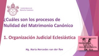 ¿Cuáles son los procesos de
Nulidad del Matrimonio Canónico
1. Organización Judicial Eclesiástica
Licenciatura en
Derecho Canónico
Mg. María Mercedes van der Ree
 
