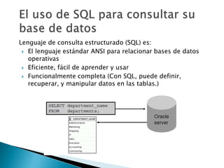 Lenguaje de consulta estructurado (SQL) es:
 El lenguaje estándar ANSI para relacionar bases de datos
operativas
 Eficiente, fácil de aprender y usar
 Funcionalmente completa (Con SQL, puede definir,
recuperar, y manipular datos en las tablas.)
 