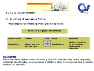  Inicie en el comando Move.
Puede ingresar al comando por las siguientes opciones:
T e m a 03- BARRA MODIFY
Objeto/Acción
Move/Mover
Teclado
Move y doy Enter
M y doy Enter
Icono Menú
Modify/Move
Resultado
Modifica la posición
de las entidades
previamente
dibujadas.
Formas de Ingresar al Comando
CONCEPTO.
Puede desplazar objetos a una distancia y dirección determinadas de los originales,
utilizando coordenadas, las referencias a objetos y otras herramientas para desplazar
objetos con precisión
 